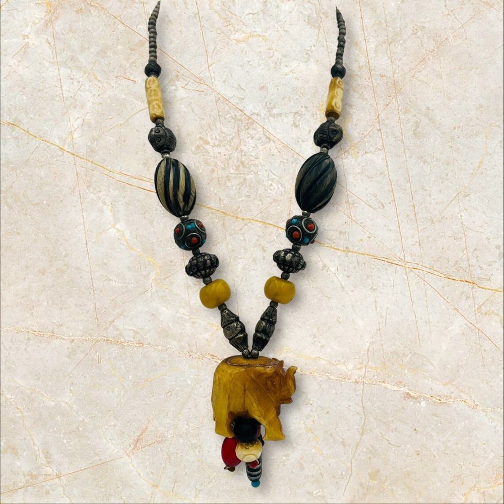 Vintage Carved  Bovine Bone Elephant Necklace Mixed Beds Wood & Glass